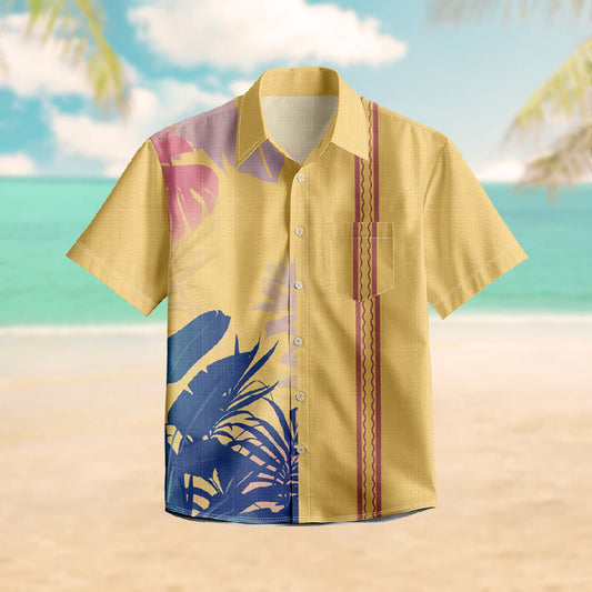 100% Cotton Summer Beach Tree Leaf Print Short Sleeve Shirt - Yellow - 6XL - image 1
