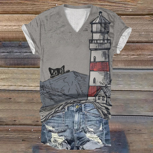 Women's Sketch Kitten Watching Lighthouse Print V-neck Short-sleeved T-shirt - Grey - 5XL - image 1