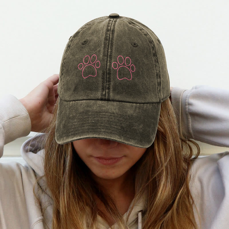 Funny And Cute Cat Paw Print Washed Cap - Khaki - one size - image 3