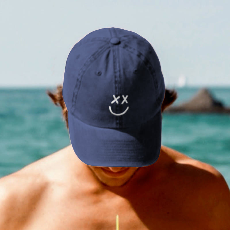 Happy Face Print Washed Cap - Navy Blue - One size - image 2