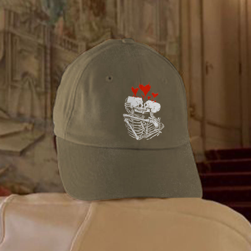 Kissing Skull Print Washed Cap - Khaki - one size - image 2