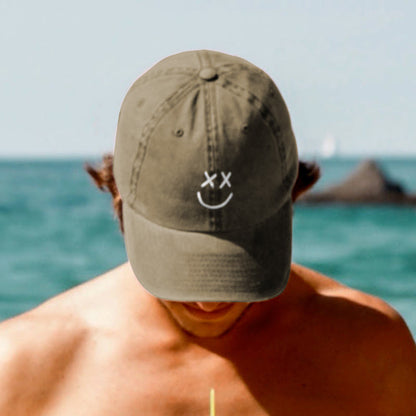 Happy Face Print Washed Cap - Khaki - One size - image 3