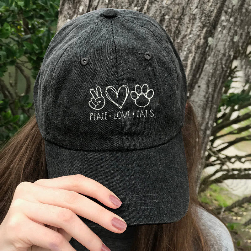 Peace Love Cats Print Washed Baseball Cap - Black - one size - image 2