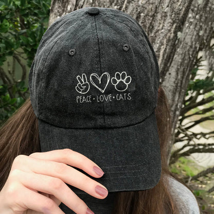 Peace Love Cats Print Washed Baseball Cap - Black - one size - image 2