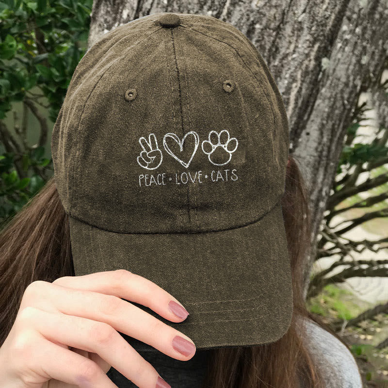 Peace Love Cats Print Washed Baseball Cap - Khaki - one size - image 1