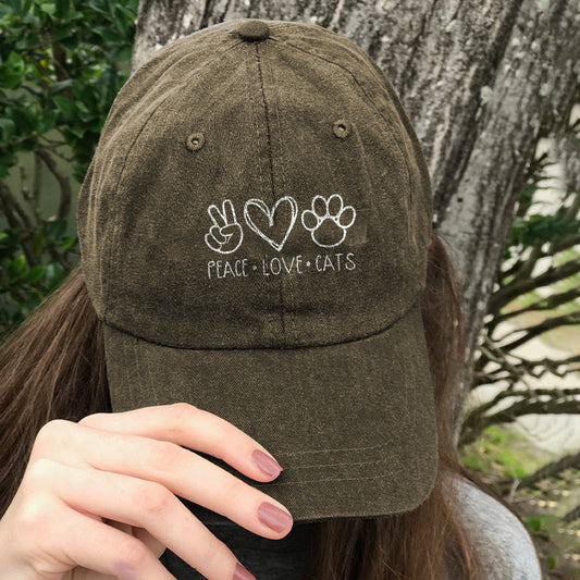 Peace Love Cats Print Washed Baseball Cap - Khaki - one size - image 1
