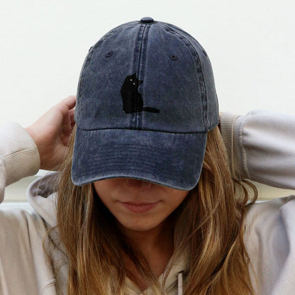 Cute Cat Silhouette Print Washed Cap - Navy Blue - One size - image 2