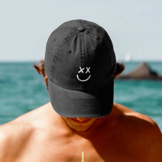 Happy Face Print Washed Cap - Black - One size - image 1