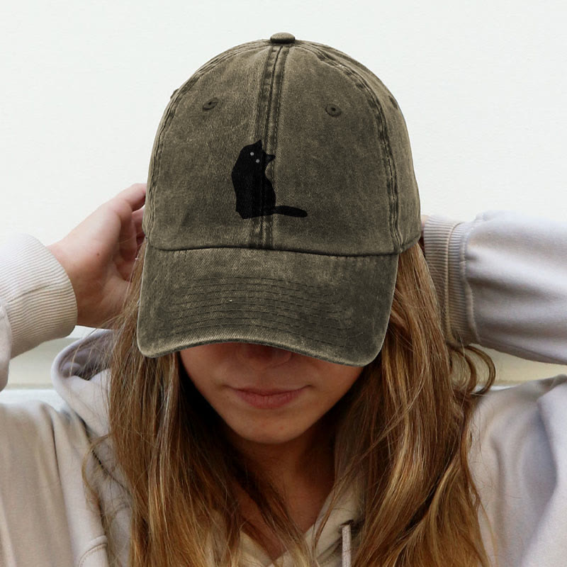 Cute Cat Silhouette Print Washed Cap - Khaki - One size - image 3