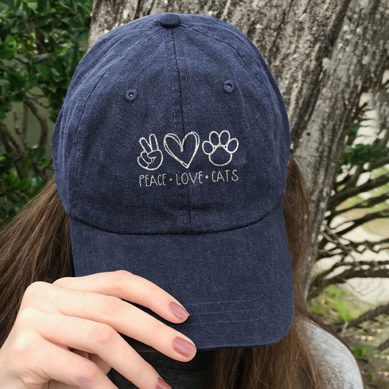 Peace Love Cats Print Washed Baseball Cap - Blue - one size - image 3