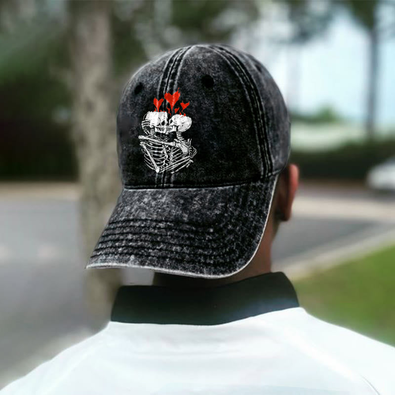 Kissing Skull Print Washed Cap - Black - one size - image 3