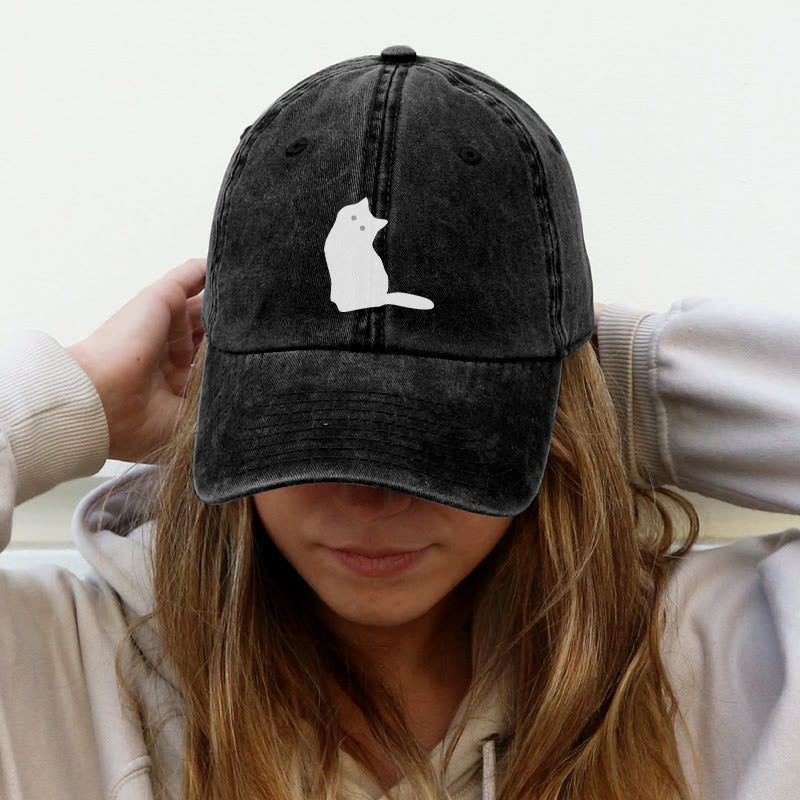 Cute Cat Silhouette Print Washed Cap - Black - One size - image 1