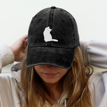 Cute Cat Silhouette Print Washed Cap - Black - One size - image 1